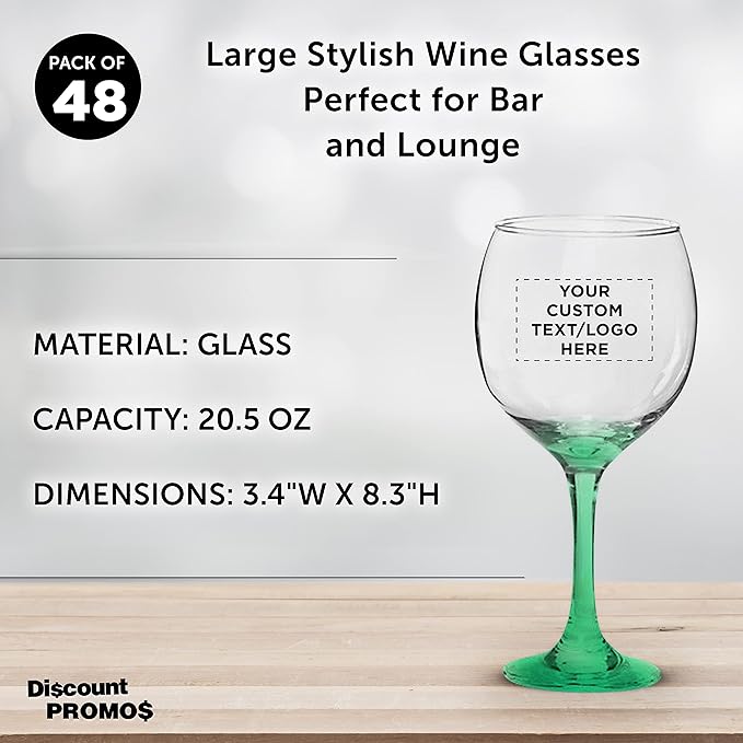 Custom Premiere Wedding Wine Glasses 20.5 oz Set of 48, Personalized Bulk Pack - Restaurant Glassware, Perfect for Red Wine or White Wine - Green