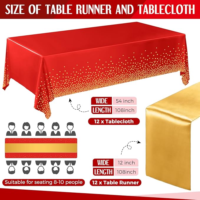 Breling 24 Pack Red and Gold Disposable Plastic Tablecloths and Satin Table Runner Set, 54 x 108 Inch Tablecloth, 12 x 108 Inch Table Runners for Wedding Graduation Birthday Baby Shower New Year