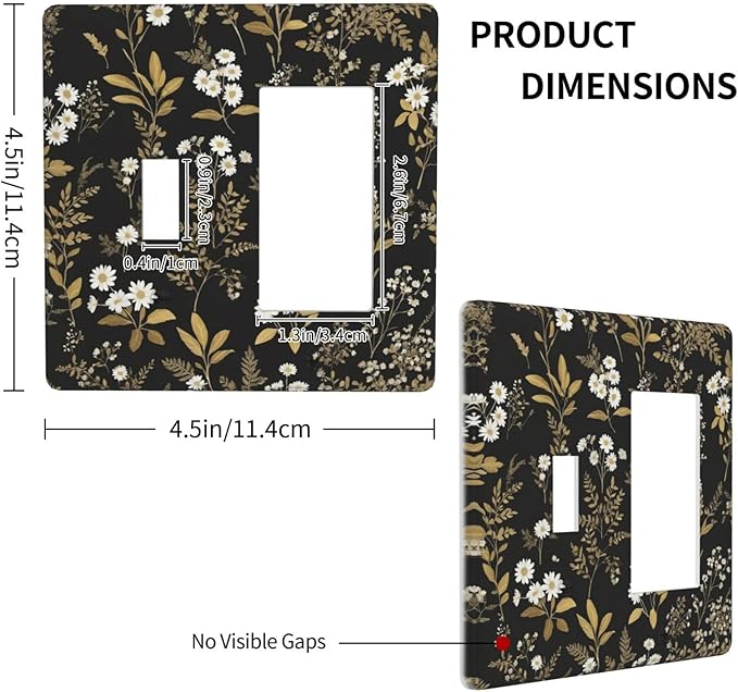 Light Switch Cover Black/Gold Boho Botanical Floral Rustic Flowers 2 Gang Toggle Rocker Combo Socket Cover Wall Plates Decorative Switch Plates and Outlet Covers for Bathroom Kitchen Decor