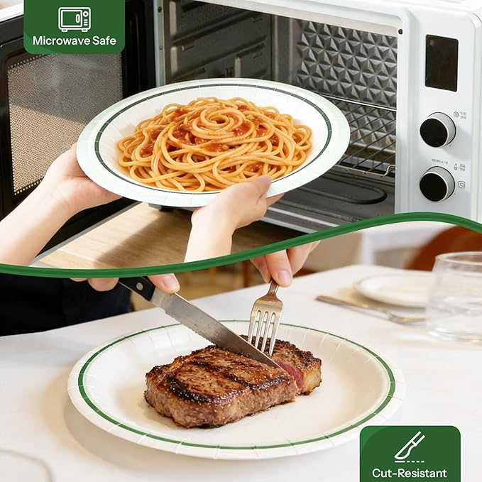 10'' Compostable Paper Plates With Green Circle Rims