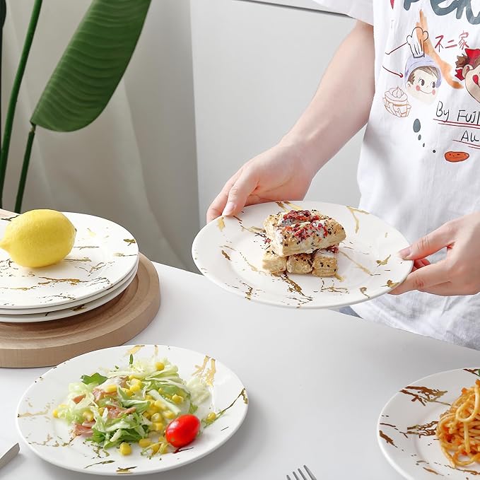 6-Piece Ceramic Plates Set - 8 Inch White Marble-Pattern Appetizer & Dessert Plates with Gold Rim, Microwave and Dishwasher Safe