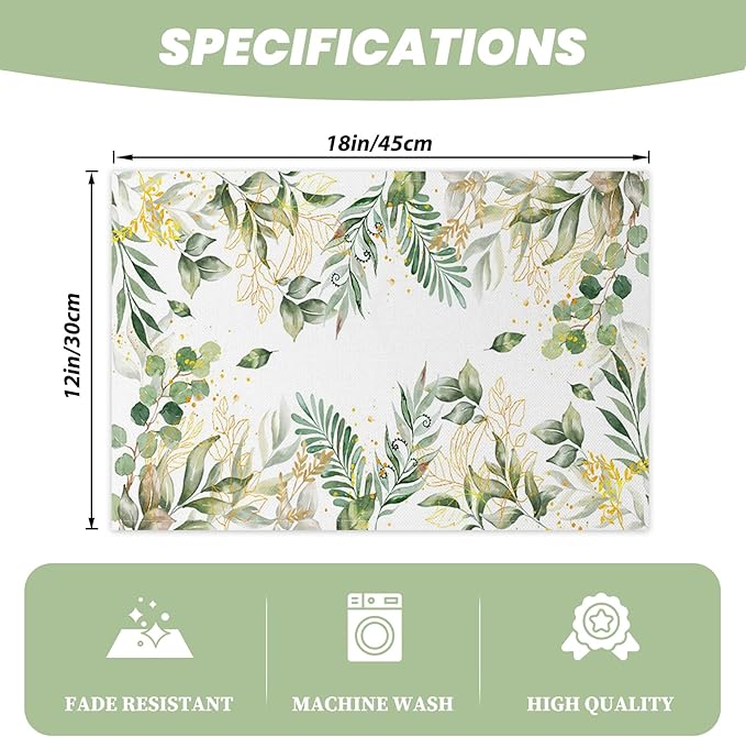 AOFOTO Watercolor Leaves Printed Placemats Set of 4 Spring Sage Green Gold Leaves Place Mats Washable Rectangular Table Mats for Party Home Kitchen Restaurant Dining Table Decor 12x18 Inch