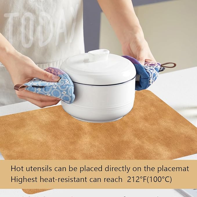 Faux Leather Placemats with Rounded Corners Set of 6,Washable&Wipeable Place Mats,Waterproof&Heat-Resistant Table Mats, Good for Kitchen and Kids-Khaki