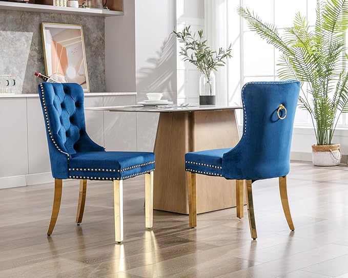 KCC Velvet Dining Chairs Set of 2, Upholstered High-end Tufted Dining Chair with Nailhead Back Ring Pull Trim Stainless Steel Legs, Contemporary Nikki Collection Modern Style for Kitchen, Blue