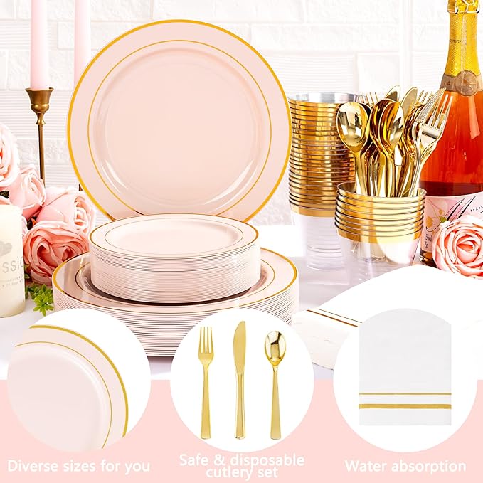 GATHER 700PCS Pink Plastic Plates - Gold Rim Disposable Plastic Dinnerware Set Include 200 Pink Plates, 300 Silverware, 100 Napkins, 100 Cups for Party & Wedding & Valentine's Day