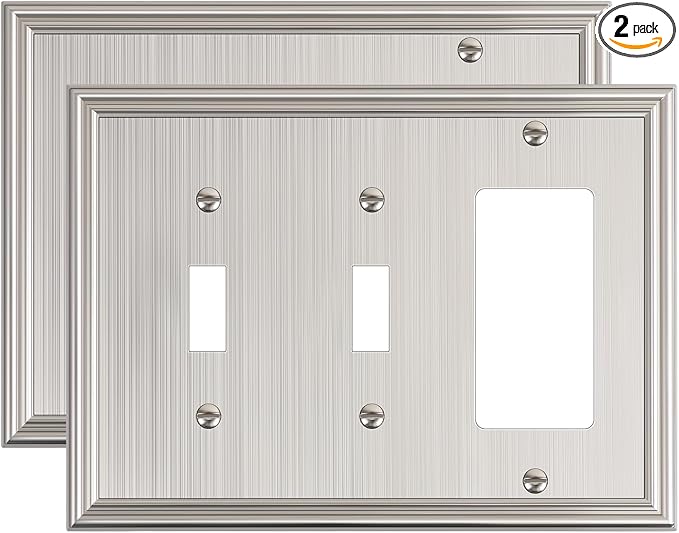 2-Pack Combo Double Toggle/Single Decorator Outlet Cover Plate, Zinc Alloy Decorative Brushed Nickel 4 Gang Switch Plates for Electrical Outlets, Receptacle, GFCI Outlet, Dimmer Switch