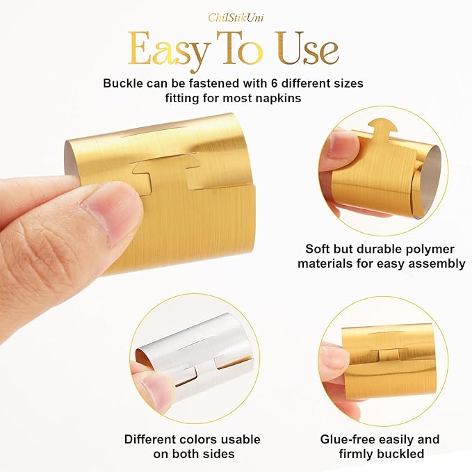Christmas Napkin Rings Set of 200, 2 Colors in 1, Reusable Adjustable Napkin Bands for Holiday Parties, Wedding, Thanksgiving Table Decor, Waterproof Tear-Proof (Brushed Gold) Great Gift Idea