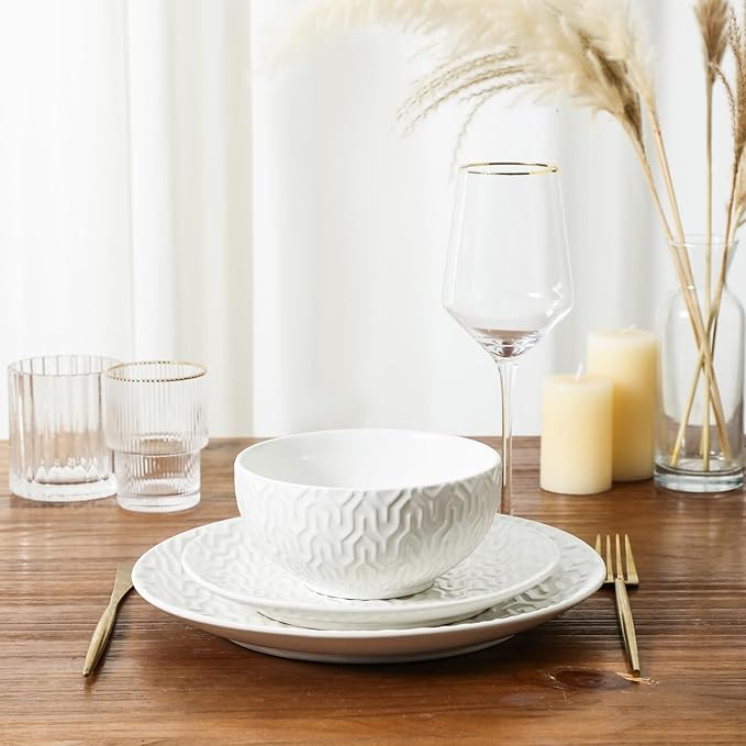 Sureasy Ceramic Dinnerware Sets for 6, 18 Pieces Stoneware Plates and Bowls Sets, Embossed Scratch Resistant Dinner Set, Dishwasher&Microwave Safe, White