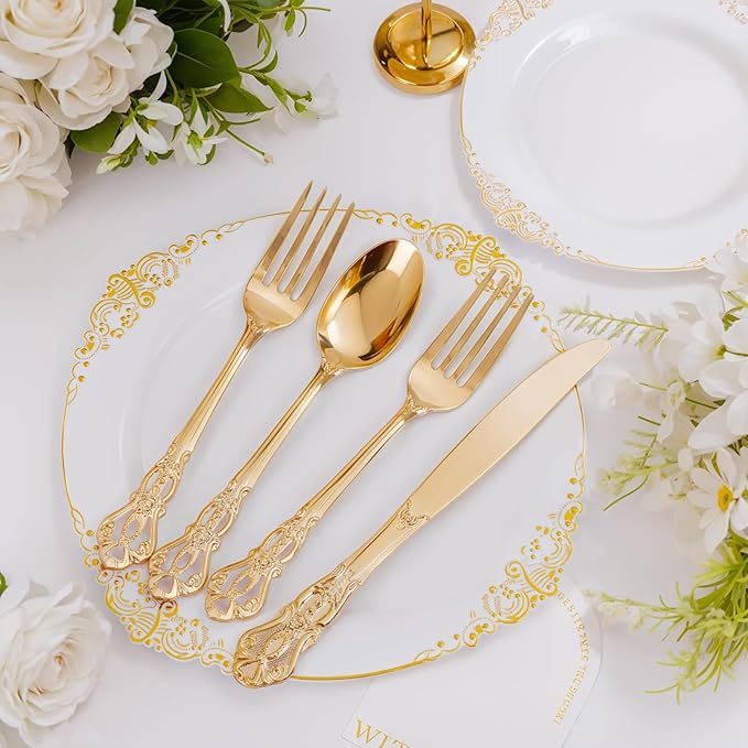 Ciaell 300PCS White and Gold Plastic Plates - Gold Disposable Dinnerware Sets for 50 Guests - 100 Plates, 50 Knives, 50 Forks, 50 Spoons, and 50 Napkins for Wedding, Anniversary, Party