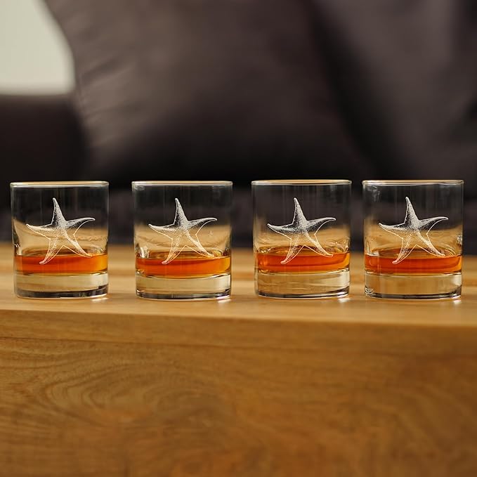 Bevvee Starfish Rocks Glass - Beach Themed Decor and Decorative Ocean Glassware Gifts for Women and Men - Set of 4-10.25 Oz Glasses