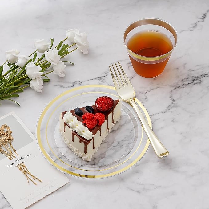 BESTVIP 50PCS Clear Plastic Plate, Disposable Party Plates with 25 Dinner and 25 Dessert Plates, Plastic Plate for Party, Wedding and Birthday