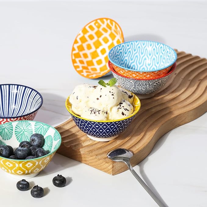 Selamica Porcelain Ice Cream Bowls Set of 6, Small Bowls, Ceramic bowls for Dessert, Ice Cream, Variety of Colors
