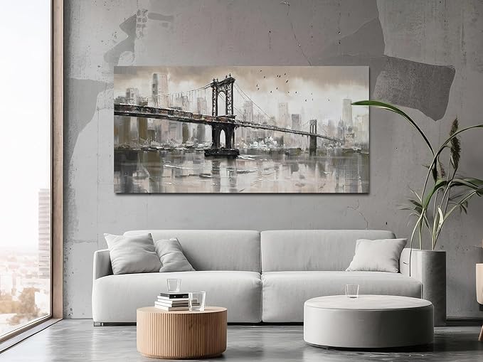 Anolyfi Vintage Brooklyn Bridge Canvas Wall Art Decor, Skylines Cityscapes Gallery Decorative Painting Large Artwork Picture for Hallway Bedroom Kitchen Office Home Decor 40"x20"