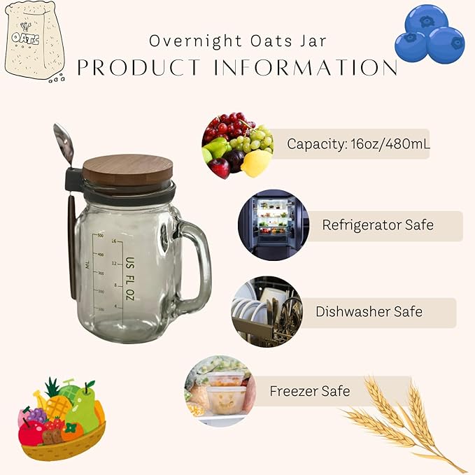 Kaya Commodities Modern Minimalist Overnight Oats Jars (2 Pack, 16 oz, BPA Free, Glass & Bamboo, Leakproof, Microwave & Freezer Safe)