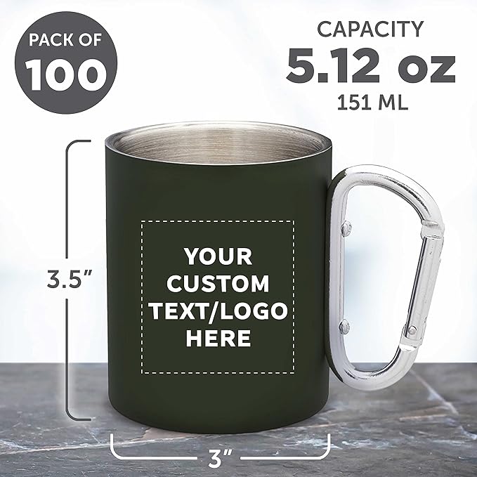Custom Stainless Steel Mugs with Carabiner Handle 10 oz. Set of 100, Personalized Bulk Pack - Perfect for Coffee, Soda, Other Hot & Cold Beverages - Army Green
