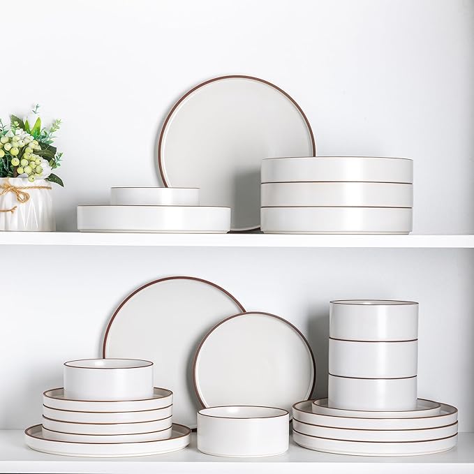 LERATIO Ceramic Dinnerware Sets for 6, High Edge Stoneware Plates and Bowls Set, Chip and Crack Resistant | Oven & Dishwasher & Microwave Safe Dishes Set, Service for 6 -Vanilla White