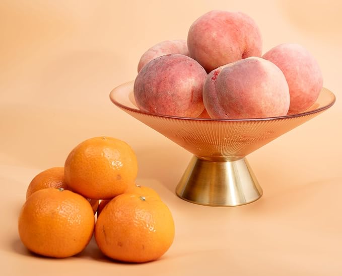 Tapered Glass Decorative Bowl (Pink), 9.8 Inches Handblown Striped Design Fruit Bowl with Rust-Resistant Metal Base for Home Decor, Table Centerpiece, Kitchen Island and Dining Decor