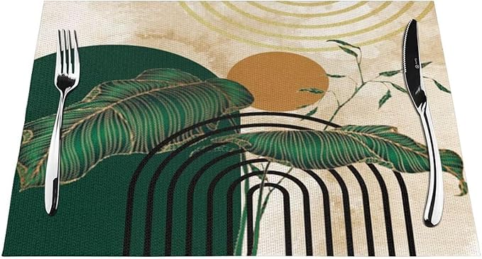 Abstract Emerald Placemats Minimalist Modern Contemporary Aesthetic Vintage Arch Neutral Washable Place Mats 12x18Inch for Dining Kitchen Farmhouse Decor 4 PCS