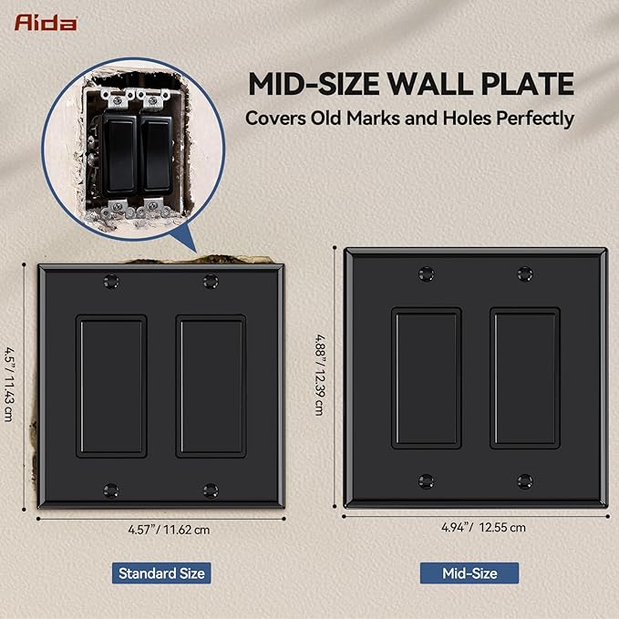 AIDA 2-Gang Decorative Wall Plates, 4.88" H x 4.94" L - Unbreakable Thermoplastic Faceplate Cover for Outlets and Switches, UL Listed - (1 Pack, Glossy Black)