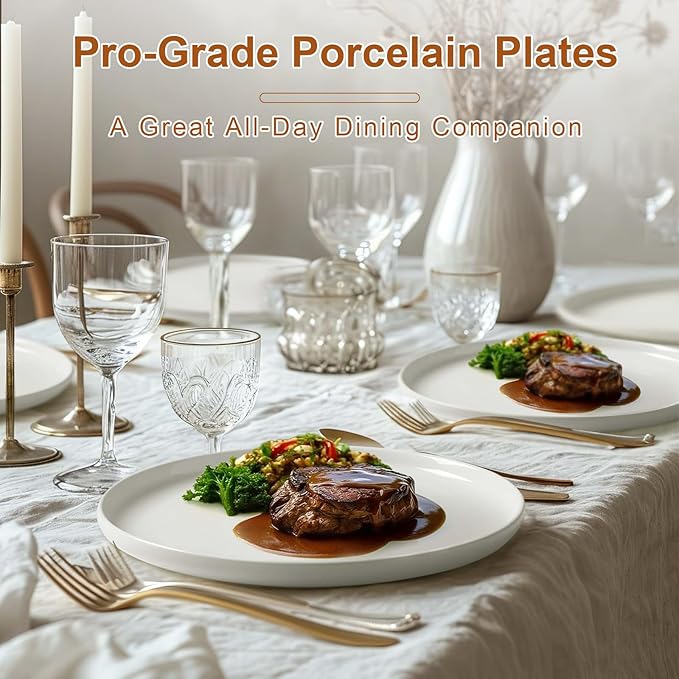 Jassceram 10.5 Inch White Dinner Plates Set of 6, Ceramic Round Plates for Kitchen or Restaurant, Salad Plates Modern Dish Set - Microwave, Oven and Dishwasher Safe, Scratch Resistant and Lead-free