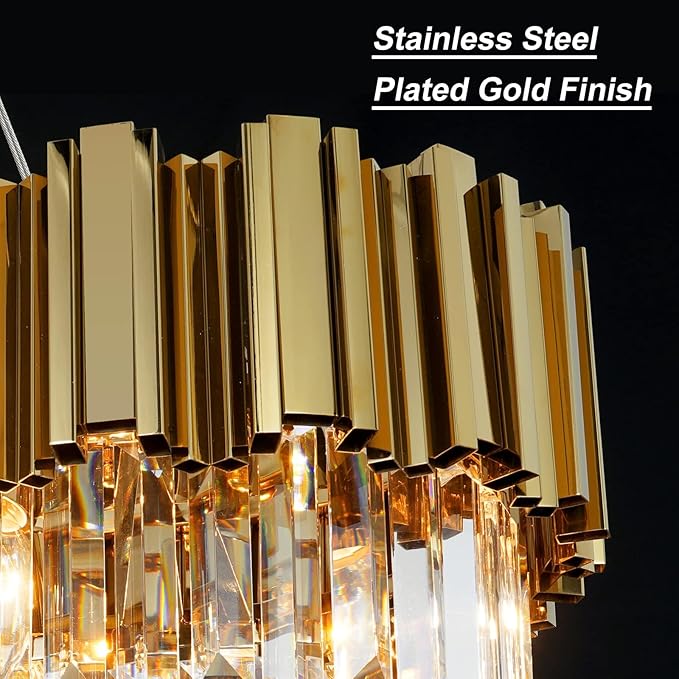 L43.3 Modern Rectangle Crystal Chandelier Gold Linear Pendant Ceiling Light Fixture for Dining Room Contemporary Oval Raindrop Chandeliers Lighting for Kitchen Island 13-Light