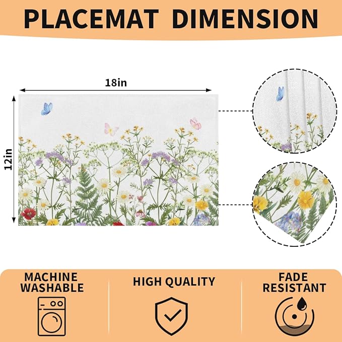 Spring Wildflowers Placemats Set of 4, Washable Elegant Placemats, Non-Slip Table Rectangle Linen Place Mats for Kitchen Dining Party Home Indoor Table Decor, Forest Style Home Decoration