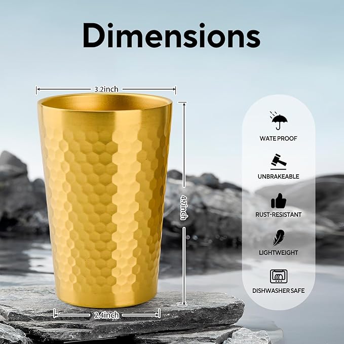 5 Pcs 12 oz Honeycomb Small Metal Cup, Double Wall Vacuum Stainless Steel Insulated Cup, Reusable Camping Cups Unbreakable Indoor Outdoor for Party, Home, Office, BBQ, Gold