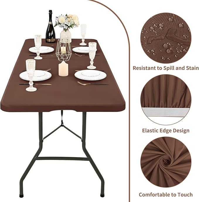 10 Pack Fitted Tablecloth for 8 Foot Rectangle Tables, Coffee Elastic Outdoor Picnic Table Cover, Washable Stretch Folding Table Cloths 8 ft for Camping Party Patio Kitchen Banquet, 30" W x 96" L