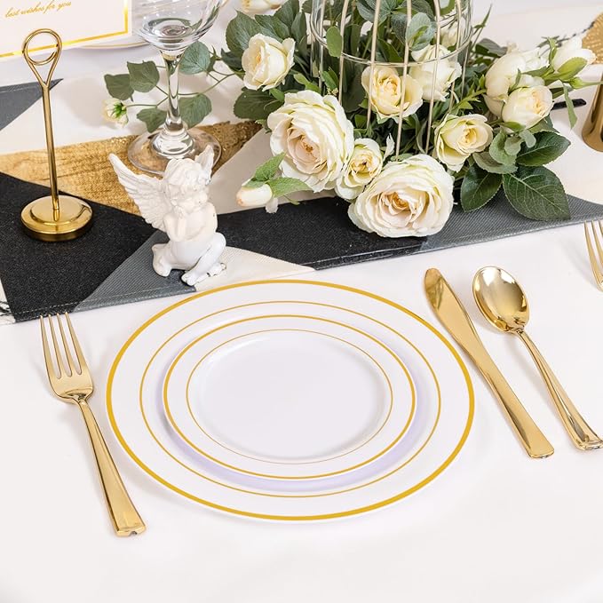 NOCCUR 200PCS Gold Plastic Plates - 100 Dinner / 100 Dessert Disposable Plates Heavy Duty - Ideal for Wedding/Party/New Year