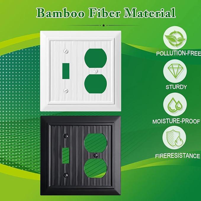 Beadboard Outlet Covers Wall Plates, Bamboo Fiber Light Switch Covers, Natural Material Electric Receptacle Decorative Switch Plate Outlet Cover (Pure White, 2 Gang Toggle/Duplex 2 Pack)