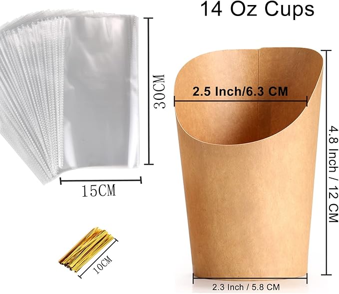 Disposable Charcuterie Cups 120 PCS with 200PCS Sticks and 120PCS Bags, 14 oz Kraft Paper Snack Boxes Appetizers Cup French Fry Holder with Cocktail Skewers Toothpicks Tooth Picks, Brown