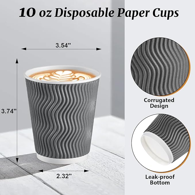 Coffee Cups 10 oz 120 Pack, Corrugated Insulated Ripple Wall Disposable Paper Coffee Cups 10oz, To Go for Hot Beverage or Cold Drinks Office/Home/Cafe/Party/Travel (Grey)