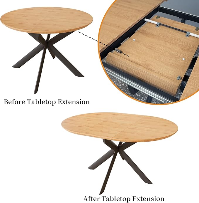 43.2"-59.1" Extendable Dining Table Set with Metal Legs, Wooden Round Kitchen Table for 4-6 Person, Oak Coffee Table w/Easy-Clean Tabletop