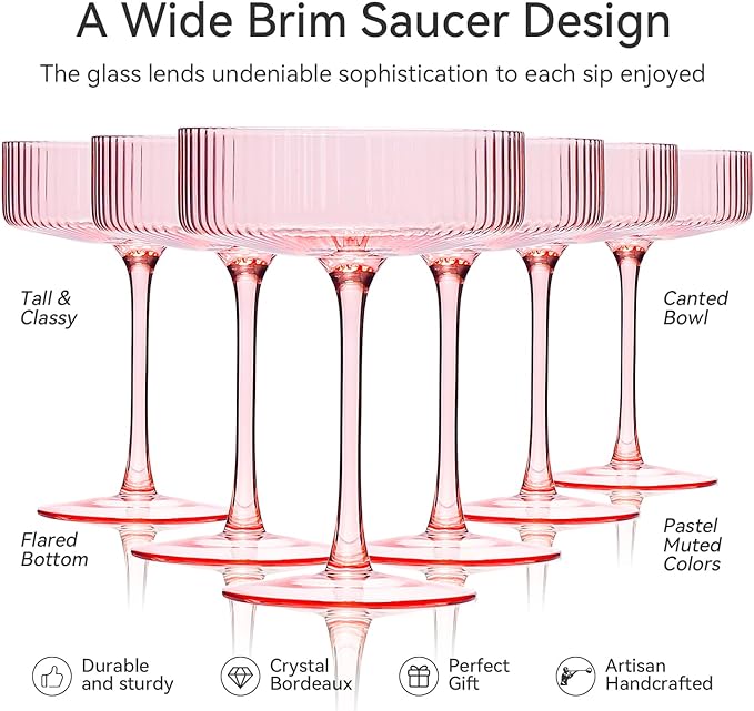9 oz Pink martini glasses Vintage Art Deco Blush Pink Coupe Glasses Set of 6 Pink Ribbed Cocktail Glasses for Espresso Martini, Champagne,Cosmopolitan,Manhattan,Cocktail
