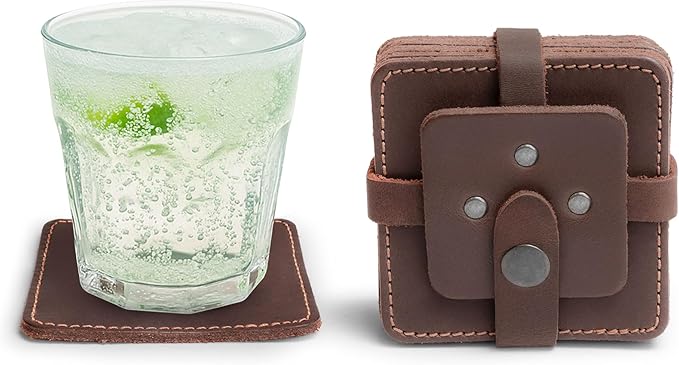 Hide & Drink Leather Coasters Set of 8, Premium Leather Table Protection for Drinks, Elegant Accessory for Home/Office, Protects Surfaces, Bourbon Table Coasters, Bar, Western (Bourbon Brown)