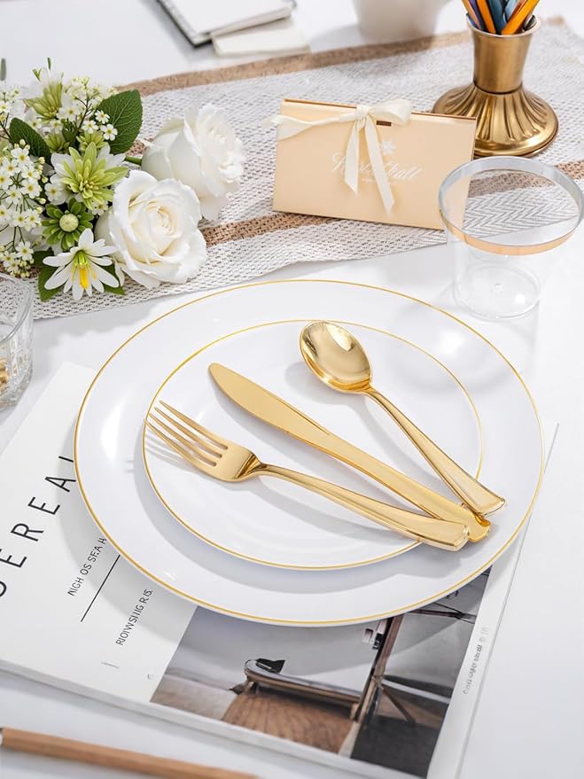 WDF 300PCS White and Gold Plates - Wedding Plastic Dinnerware Set for 50 Guests Include 50 Dinner & 50 Cake Plates, 50 Cutlery, 50 Cups for Wedding Birthday Valentine's Day