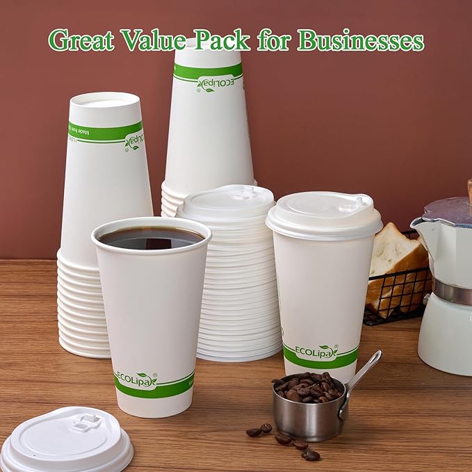ECOLipak 100 Count 16 oz Compostable Paper Coffee Cups, Biodegradable Disposable Coffee Cups with CPLA Lid, Eco-friendly Hot Drinking Cups for Parties, Picnics, Travels,and Events