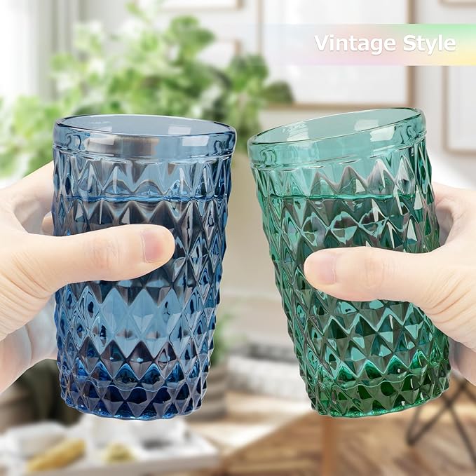 Topsky Highball Drinking Glasses Set of 6,12 oz Colored Glassware with Geometric Diamond Pattern,Embossed Diamond Tumblers,Blue Vintage Glassware Set for Beer,Juice,Cocktail