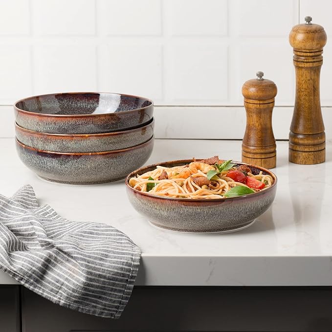 30oz Ceramic bowls set of 4-8" serving bowls for Kitchen,Pasta,Salad-Dishwasher & Microwave Safe Perfect for Housewarming, Thanksgiving, Christmas-Caramel Brown