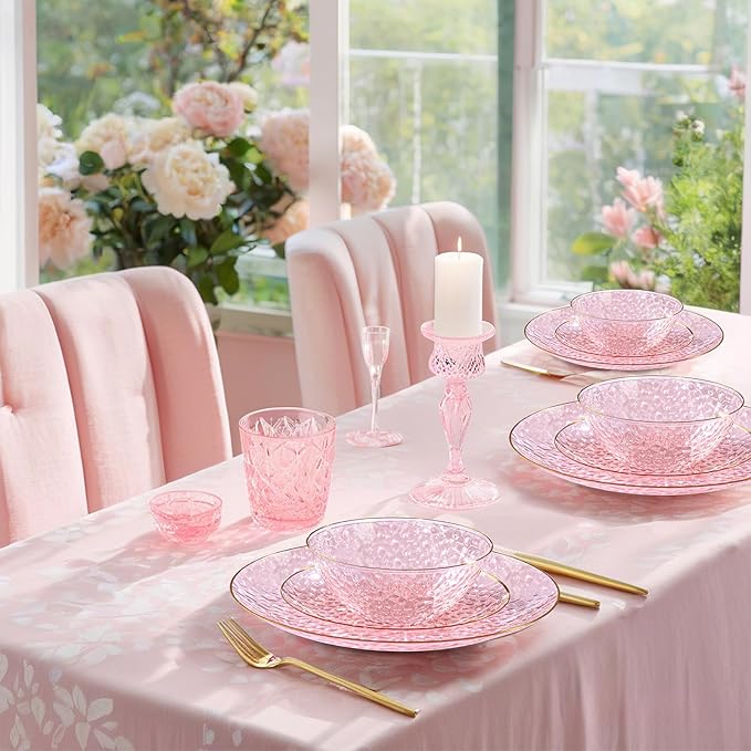I00000 50 Pack 12 Ounce Pink Plastic Bowls Serving Bowls Hammered Clear Bowl with Gold Rimmed, Heavy Duty Disposable Bowl Set,Small Bowls for Valentine's Day Party