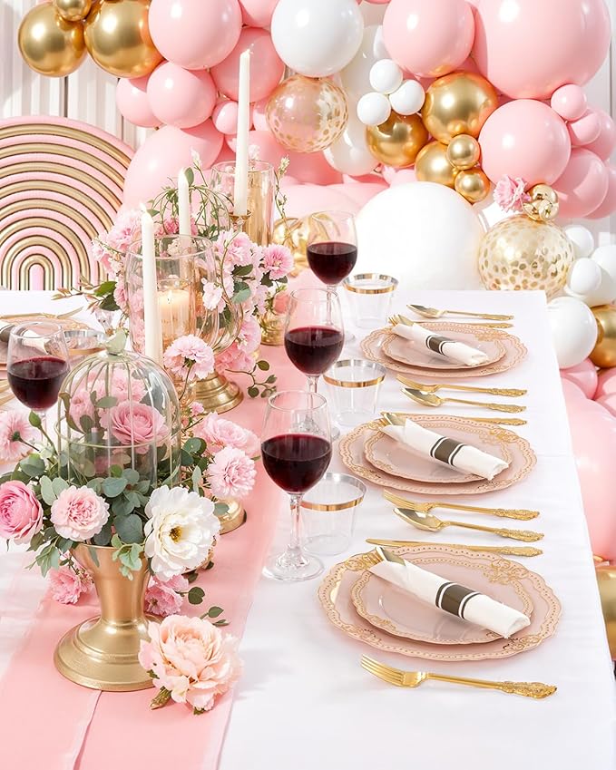 Ciaell 350 PCS Pink Plastic Plates - Pink and Gold Disposable Plates Include 50 Disposable Plate, 150 Heavy Duty Silverware, 50 Cups, 50 Napkins for Wedding & Party & Anniversary & Valentine's Day