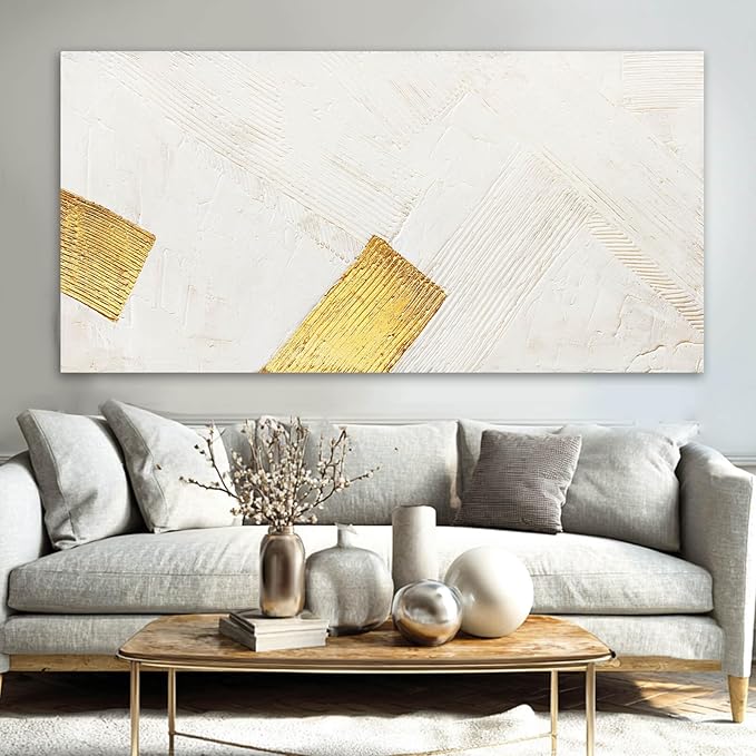 YJYart White Wall Art Hand Paintings Wall Decor Gold Pictures Abstract Canvas Arts 24"x48" for Living Room Dinning Room