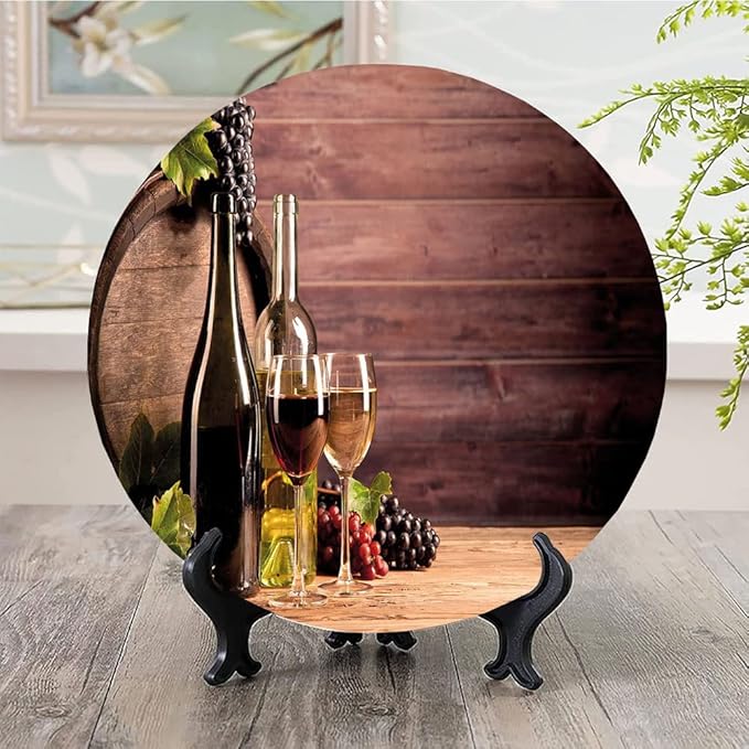 Ceramic Display Plate, Wine Ceramic Hanging Decorative Plate, Still Life of Wine with Wooden Keg Rustic, 6 Inch, Living Room Kitchen Decoration Household, Brown Green Light Brown