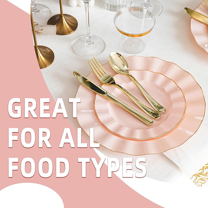 120PCS Blush Pink Plastic Plates, Heavy Duty Disposable Party Plates with Gold Rim, 60 Dinner and 60 Dessert for Parties and Wedding