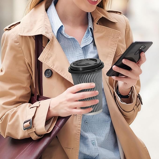 500 Pack Coffee Cups with Lids 16oz, Disposable Insulated Ripple Wall To Go Paper Coffee Cups for Hot/Cold Drinks Office Home Shop Event (Grey)