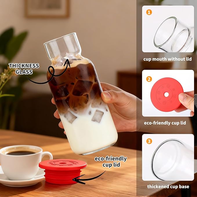 Glass Cup with Silicone Lid and Straw, 17 Oz Drinking Glasses Water Bottle Vintage Glassware for Iced Coffee, Juice, Cocktails, Whisky Tumbler for Gift 1 Pack