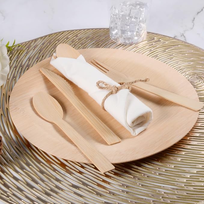 Pre Rolled Napkin and Bamboo Cutlery Set - 100Pack Bamboo Utensils/Compostable Cutlery(100 Forks, 100 Knives, 100 Spoons, 100 Napkins), Biodegradable Wrapped Cutlery for Party, Wedding, Events