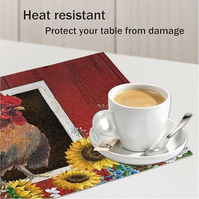 Watercolor Red Barn Cock Placemat Set of 6, Rooster Sunflowers Heart Heat-Resistant Washable Table Place Mats for Kitchen Dining Table Decoration