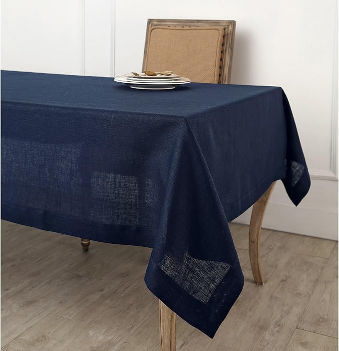 Solino Home Navy Blue Linen Tablecloth 60 x 120 Inch - 100% Pure Linen Table Cloth for Rectangle Tables - Fete, Machine Washable Tablecloth for Winter, Spring, Easter