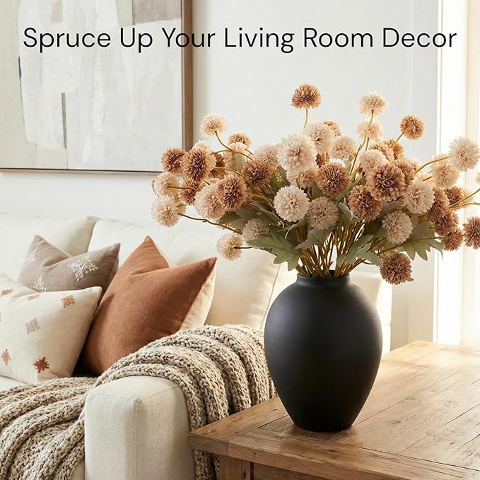 22pcs Artificial Beige & Brown Kiku Flowers with Eucalyptus Stems Bulk, Faux Silk Mum Pom Poms for Vase, Modern Farmhouse Boho Home Decor, Realistic Floral Centerpiece for Kitchen & Living Room